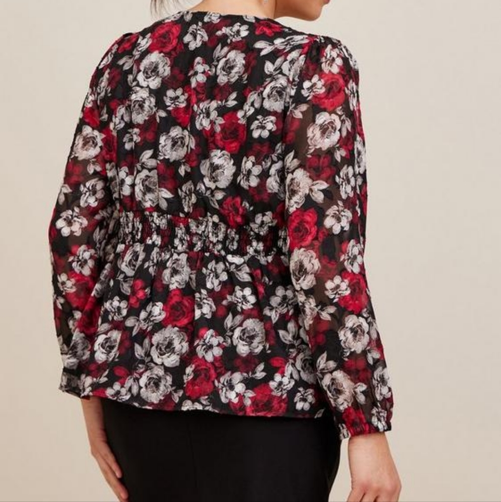 Torrid plus floral v neck blouson long sleeves peplum top, 5XL, blac… - Picture 4 of 14